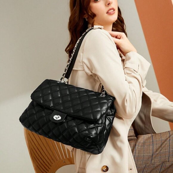 Black Elegant Women's Large Capacity Rhombic Pattern Crossbody Bag - Picture 4 of 12